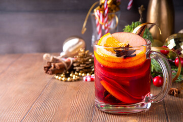 Mulled wine glass mug with sweet apple, orange, honey, cinnamon and anise star
