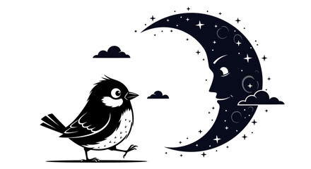 Fototapeta premium Vintage celestial illustration of a cute bird and crescent moon, whimsical night sky with stars and clouds, black and white storybook vector art