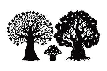 Silhouette of Trees and Mushroom: A tranquil image showcases silhouetted trees with intricate branches and leaves, and a mushroom creating a visually captivating scene.
