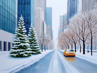 A taxi drives along a winter street in New York City past skyscrapers. Watercolor cityscape, Christmas card.