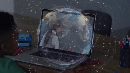 Boy opening laptop to learn math, watching teacher drawing graphs with globe overlay pulsing - Powered by Adobe