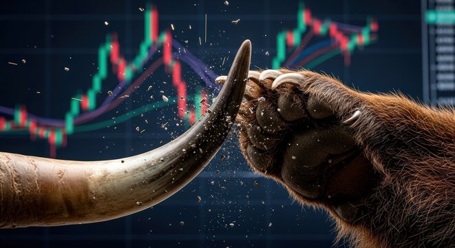 A bull and a bear attacking each other, symbolizing the eternal struggle between rising and falling markets