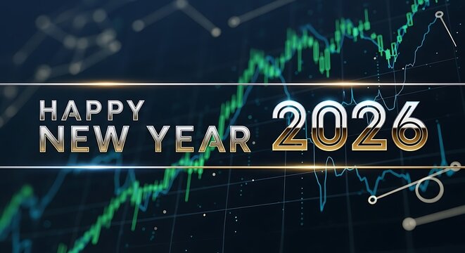 Happy new year 2026 with a financial stock market graph in the background - Powered by Adobe