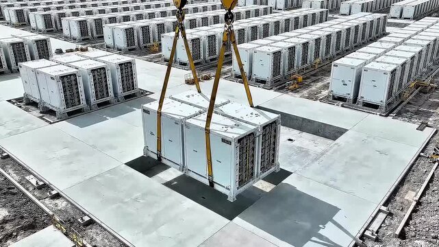 Crane Installing Industrial Battery Unit at Energy Storage Facility.