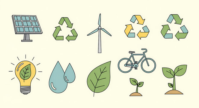 A versatile collection of charming hand-drawn doodle icons representing various ecological and environmental concepts, including renewable energy sources, recycling, sustainable living, and nature