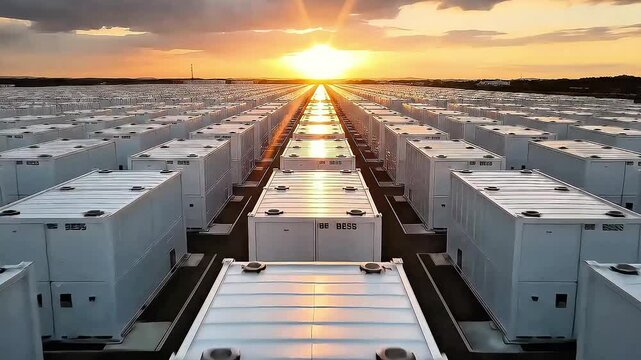 Vast Array of White Shipping Containers at Sunset with Golden Sky.