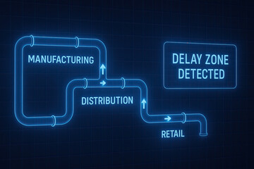 Manufacturing supply chain management distribution retail delay zone detected inventory logistics operations visibility monitoring process flow with neon pipeline graphic and blue grid background