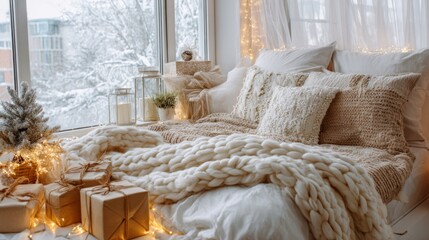 Warm cozy bedroom with Christmas gifts and snowy winter view
