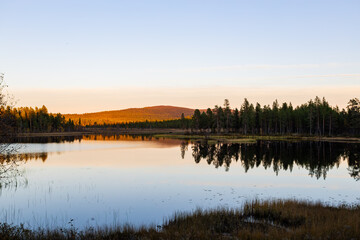 Obraz premium A peaceful sunset over a lake in Lapland, Sweden, with the reflection of trees in the still water.