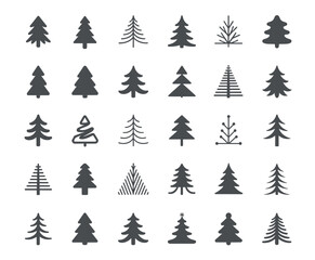 Obraz premium Stylized pine tree icons set in minimalist vector design, perfect for nature, forest, winter, holiday, and graphic design themes.