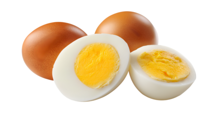 A close up of two whole brown eggs and two halves of hard boiled eggs with yellow yolks visible