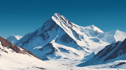 Naklejka premium A majestic snow-capped mountain peak surrounded by rugged terrain under a clear blue sky, showcasing the beauty of nature's landscapes.