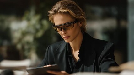 Investigator collaborating with virtual assistant visible through AR glasses, symbolizing human-AI teamwork, digital reasoning, and futuristic detective work powered by augmented reality analytics.