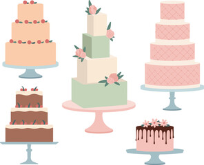 Wedding Cake Set Tiered Celebration Desserts Collection Floral Decoration Pastry Sweet Food Vector Illustration.