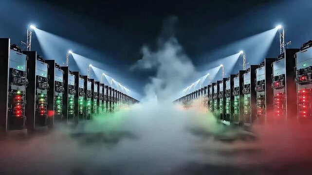 Futuristic Data Center with Fog and Spotlights: A Digital Realm.
