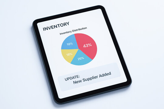 Inventory tablet screen showing pie chart and update about new supplier added highlighting inventory supply chain management insight and operational data visualization in clean modern style