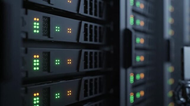 Close-up of a server rack with blinking SSD lights in a data center. AI, LLM training, and big data concept.