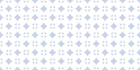 Vector geometric seamless pattern in oriental style. Subtle light blue and white ornament. Abstract background with floral silhouettes, diamonds. Simple elegant repeating geo design for decor, fabric