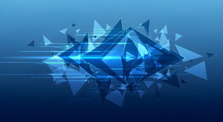 Abstract blue geometric explosion with light streaks and digital effect
