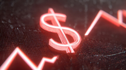 Futuristic glowing dollar sign with red financial graph line, digital economy concept, high technology, finance trend, dramatic mood