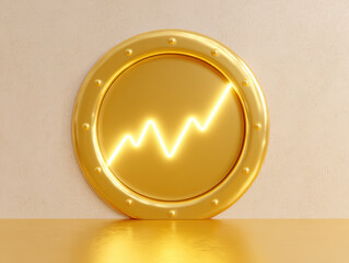 Glowing inflation curve on golden round frame with metallic texture, modern financial concept, luxury style, bright background