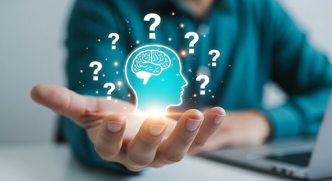 Person holding glowing brain and question marks in hand mind thinking - Powered by Adobe