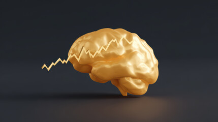 Golden brain with inflation rate projection line, financial growth concept, high fidelity, modern, isolated on black background
