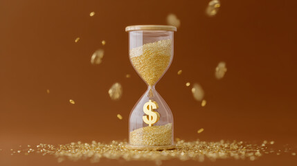 Hourglass with gold dust, dollar symbol, and falling particles, representing inflation, time, and financial growth on brown background