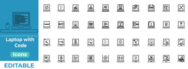 Laptop with Code line art icons set