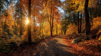 Fototapeta premium Sunlit path in a park before sunset