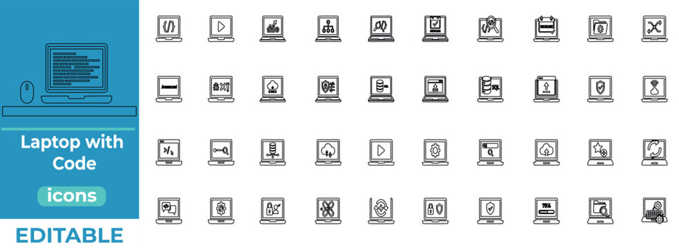 Laptop with Code line art icons set