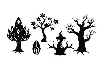 Enchanting Forest Silhouette: A collection of stylized trees and an unique gemstone, rendered in elegant black and white, evoke a sense of mystique, ready for any design element. 