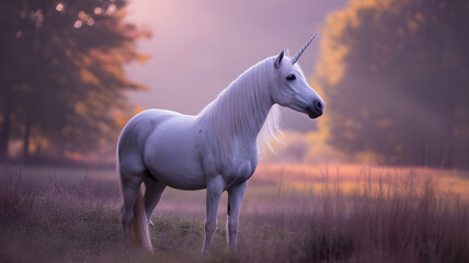 A majestic white unicorn standing gracefully in an autumn forest clearing, surrounded by soft golden and orange leaves