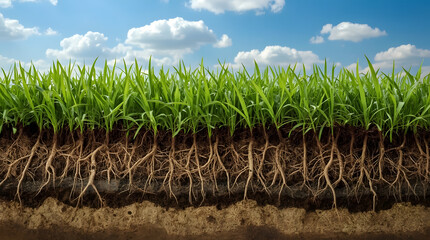 Cross section of healthy green grass with visible roots in rich soil under a blue sky with clouds