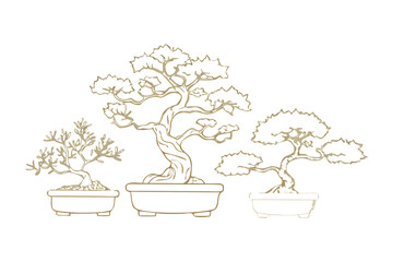 Serene Bonsai Collection: An elegant illustration showcases a collection of meticulously crafted bonsai trees, each poised in its unique container, presenting the artistry of horticultural precision.