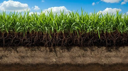 Cross section of healthy green grass and soil with visible roots under a blue sky with clouds