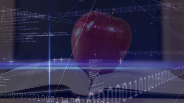 Binary code overlays appearing on red apple and book initiating blue light sweep mapping data link