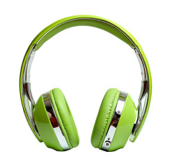 Green and silver headphone for listening to music and audio entertainment isolated on transparent background