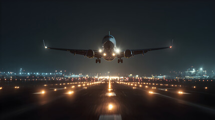 Commercial airplane taking off at night with runway lights illuminating the scene, showcasing the excitement and adventure of air travel