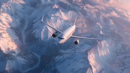 Aerial view of a passenger airplane flying over snowcovered mountain range at sunset, showcasing travel, adventure, and the beauty of nature