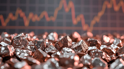 Closeup of raw copper ore nuggets with a blurred stock market graph in the background