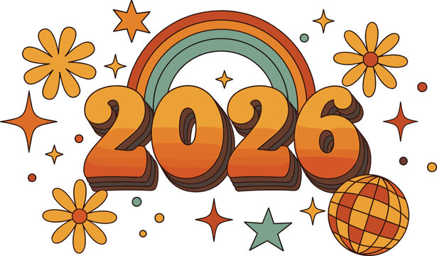 Groovy 2026 celebration design with retro rainbow, stars, and disco ball for festive future events and nostalgic themes, perfect for banners and cards