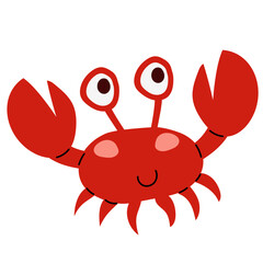 Vector cartoon illustration of a cute red crab with smiling expression on a transparent square background. Clip art for summer, beach and sea life