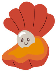 Vector cartoon illustration of a cute clam mascot with a smiling pearl isolated on white background. Clip art for ocean related designs and children’s content