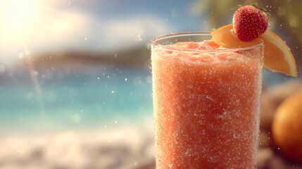 Refreshing fruit smoothie on a tropical beach with orange slice and raspberry garnish, perfect for a summer vacation getaway and healthy lifestyle