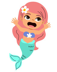 Cute vector illustration of a sweet mermaid girl with long hair and smiling face for fantasy art, kids’ books, underwater stories and magical sea-inspired designs