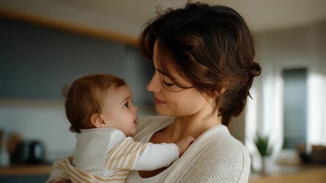 Confident mother standing in a modern apartment holding her baby on her shoulder, emotion of pride and affection visible, representing single motherhood, family empowerment, and nurturing care in