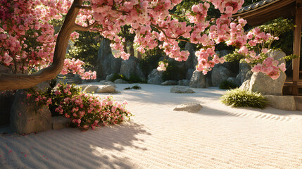 Zen garden with blooming cherry blossoms, creating a serene and peaceful atmosphere for meditation and reflection in a tranquil setting