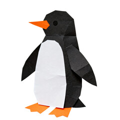 Paper penguin origami with black body and orange beak and feet  