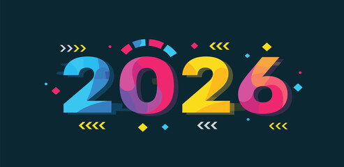 Vibrant and Colorful 2026 Year Design with Abstract Geometric Elements on Dark Blue Background